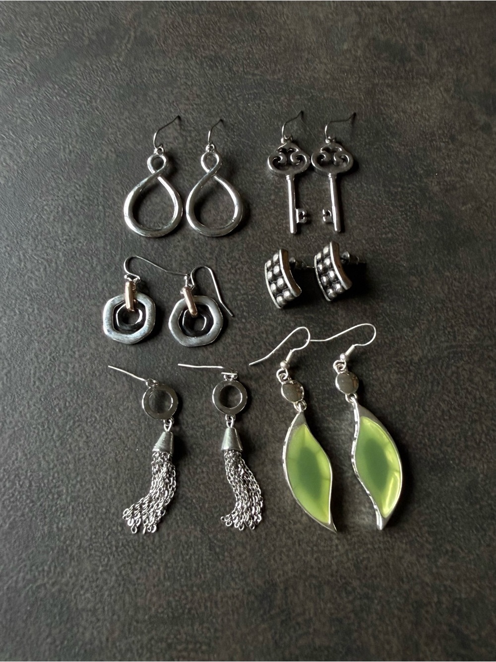Silver-Tone Assorted Women's Earring Set with Lime Green Leaf Dangles